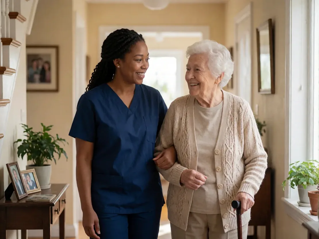 A White Dove caregiver in navy scrubs walking arm-in-arm with a smiling senior client through a warm home hallway